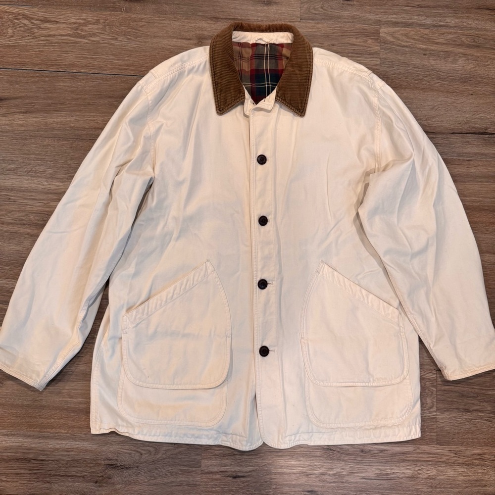 Vintage Lands End Jacket Mens Button Close Canvas Flannel Lined Collar Vtg XL